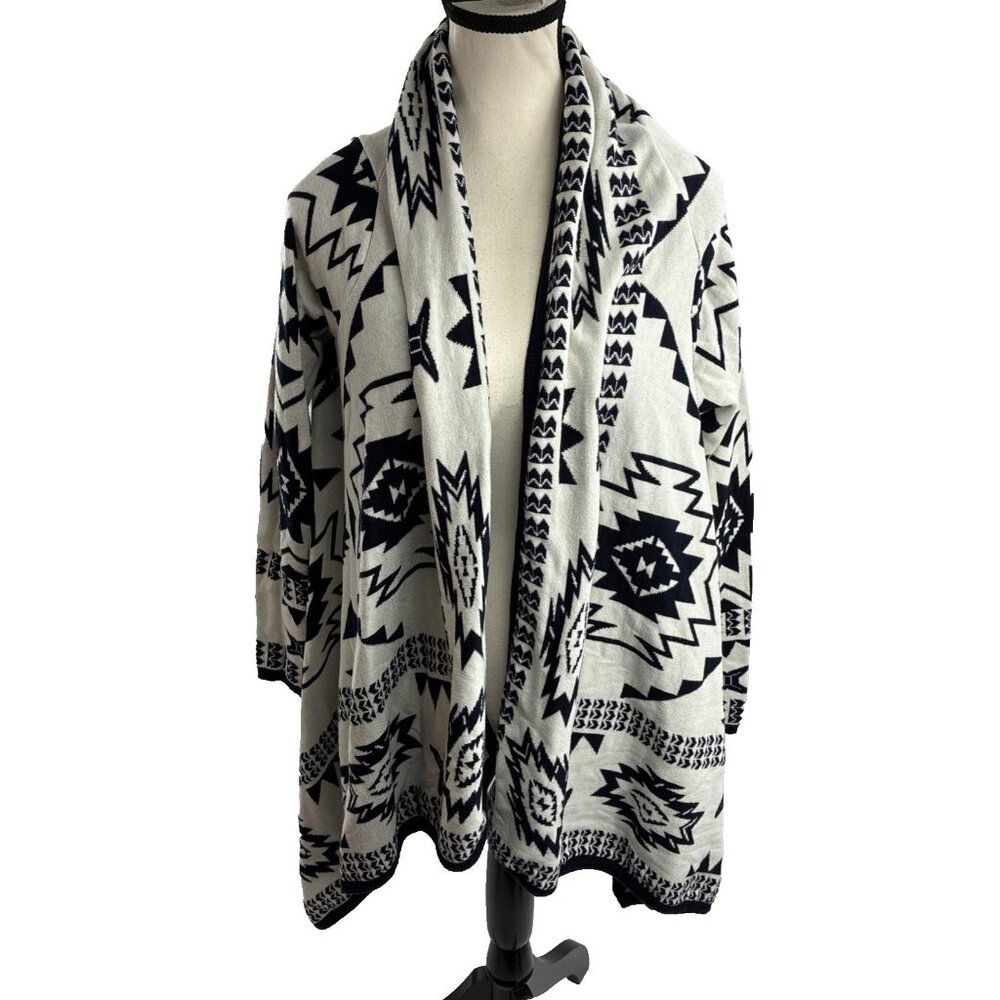 Divided Womens Cardigan Aztec Tribal Open Front Black White Size M